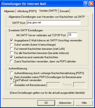 Authentifizierung beim Senden (SMTP) setzen!